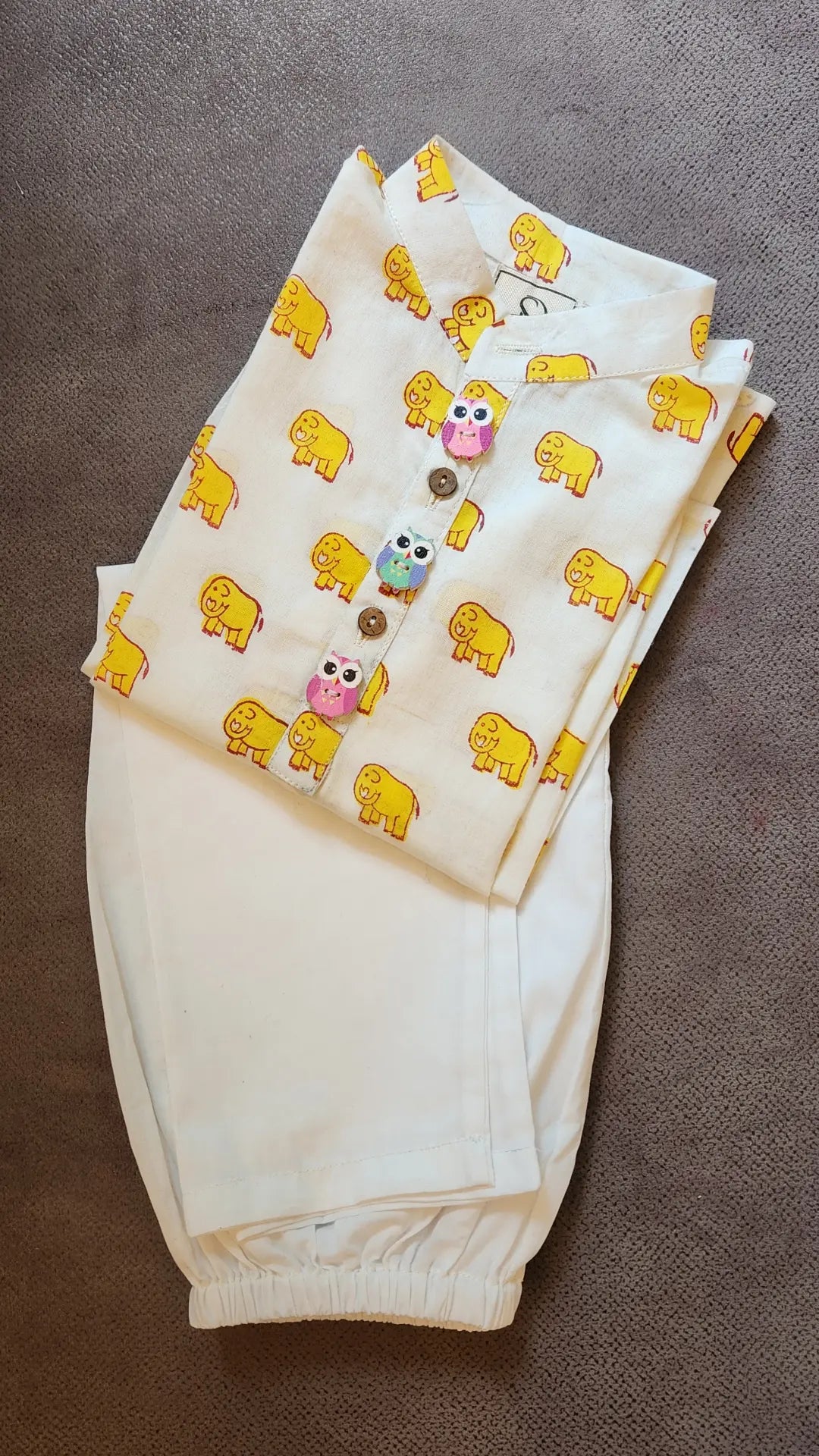 Yellow Elephant Blocks Print Kurta with Elephant / Owl Buttons