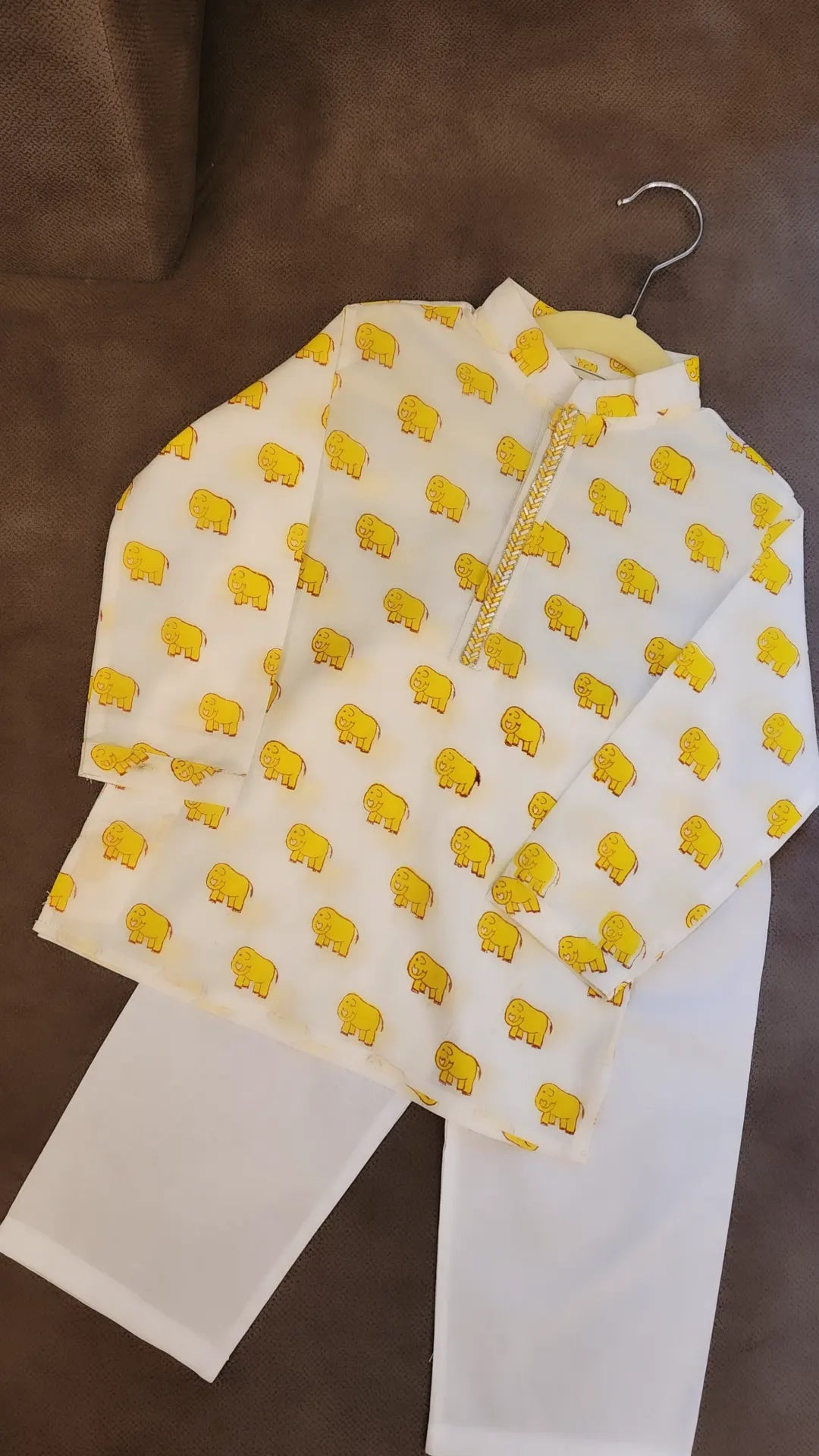 Block Print Yellow Elephant Set With Embellished Placket