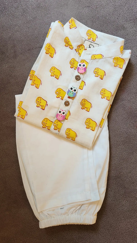 Yellow Elephant Blocks Print Kurta with Elephant / Owl Buttons