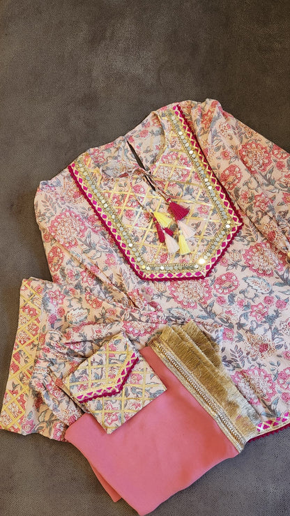 Pink Flower Kurta Set with Fuschia Trims